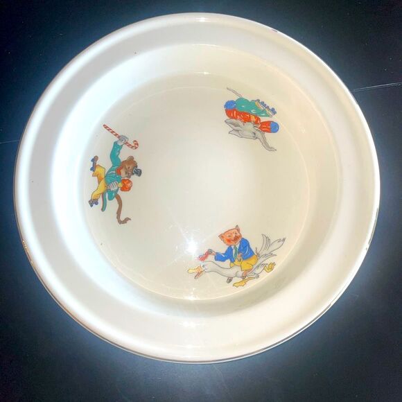 Vintage Porcelain Baby Child's Plate Gold Trim Transferware Animals Mother Goose - Picture 1 of 3